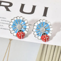 Cute Sweet Flower with ladybug  Enamel  Ear Studs