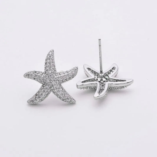 Cute Starfish Plating Inlay Copper Zircon White Gold Plated Ear Studs