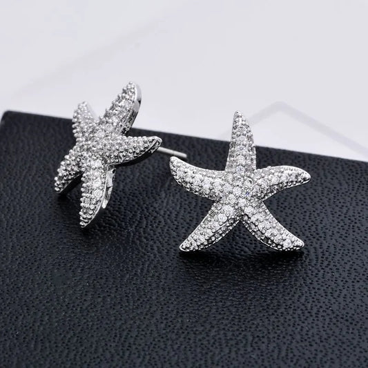 Cute Starfish Plating Inlay Copper Zircon White Gold Plated Ear Studs