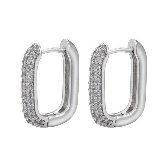 MIRAGE  - Geometric CZ Pave Huggie Earrings – Gold & Silver Rectangular Hoops
