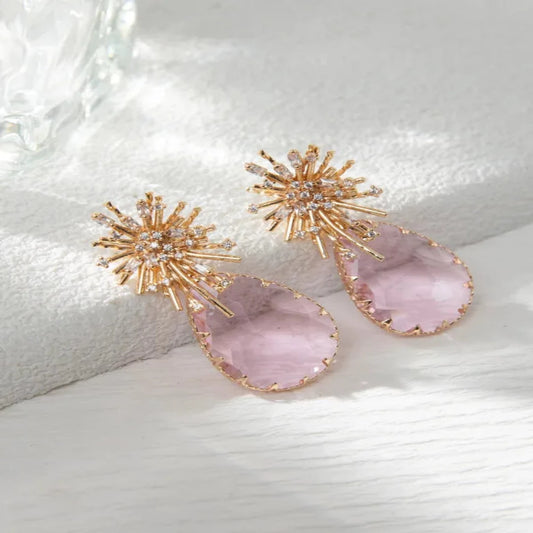 Mirage Elegant Shiny Water Droplets Plating Inlay Alloy Glass Pink Rhinestones Gold Plated Drop Earrings