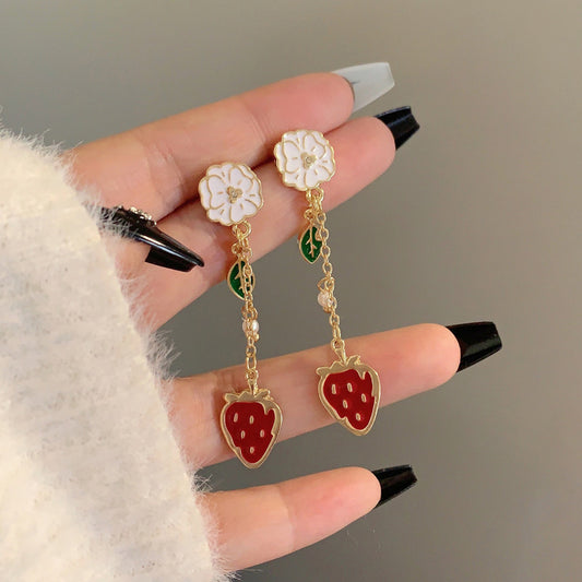 Mirage  Sweet Leaves Flower Strawberry Enamel Plating Drop Earrings