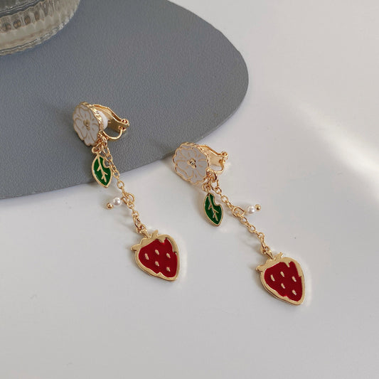 Cute red strawberry drop earrings with floral, leaf and pearl details for women