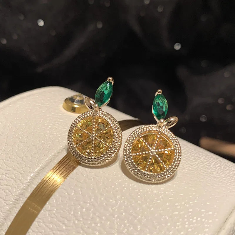 Citrus Crystal Stud Earrings with Green Accent | Luxury Gold Statement Earrings for Women – The Mirage Fashion