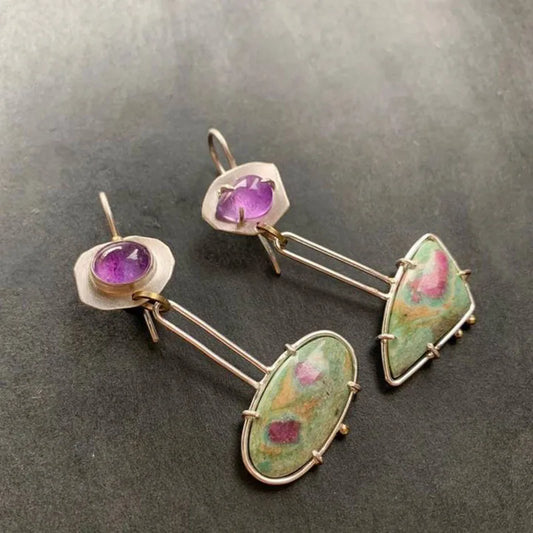 Vintage Geometric Stone Drop Earrings with Purple Accent | Artistic Statement Earrings for Women – The Mirage Fashion