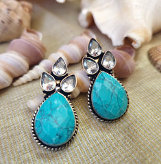 Turquoise Stone Statement Earrings for Women – Oxidised Silver Teardrop Earrings with Crystal Accents | Boho Ethnic Designer Jewelry | The Mirage Fashion