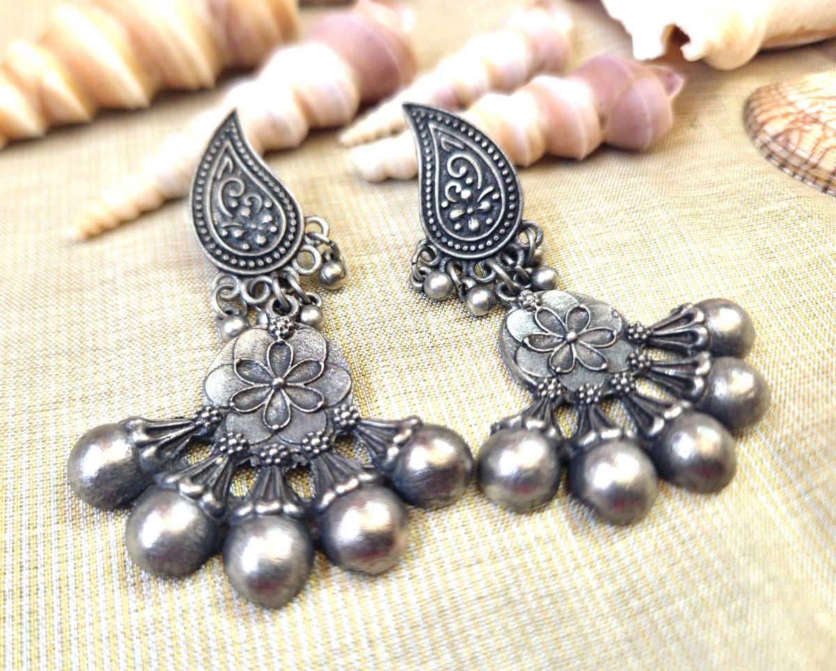 Silver look alike oxidized designer drop earrings