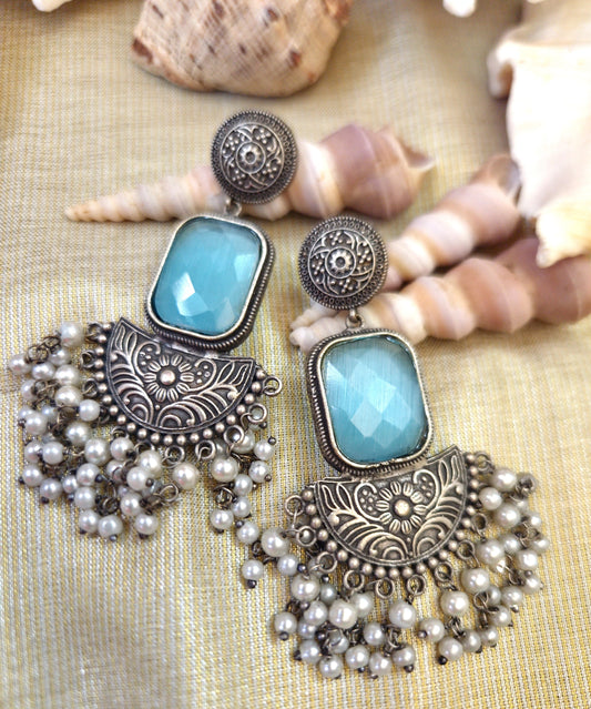 Mirage - Long hanging blue stone oxidized  earing with pearl hanging