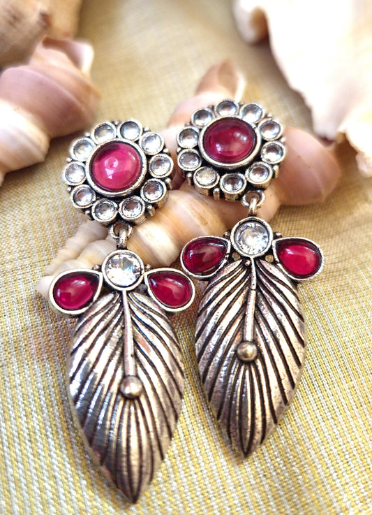 Mirage Silver Plated Red & White Stone Studded Drop Earrings