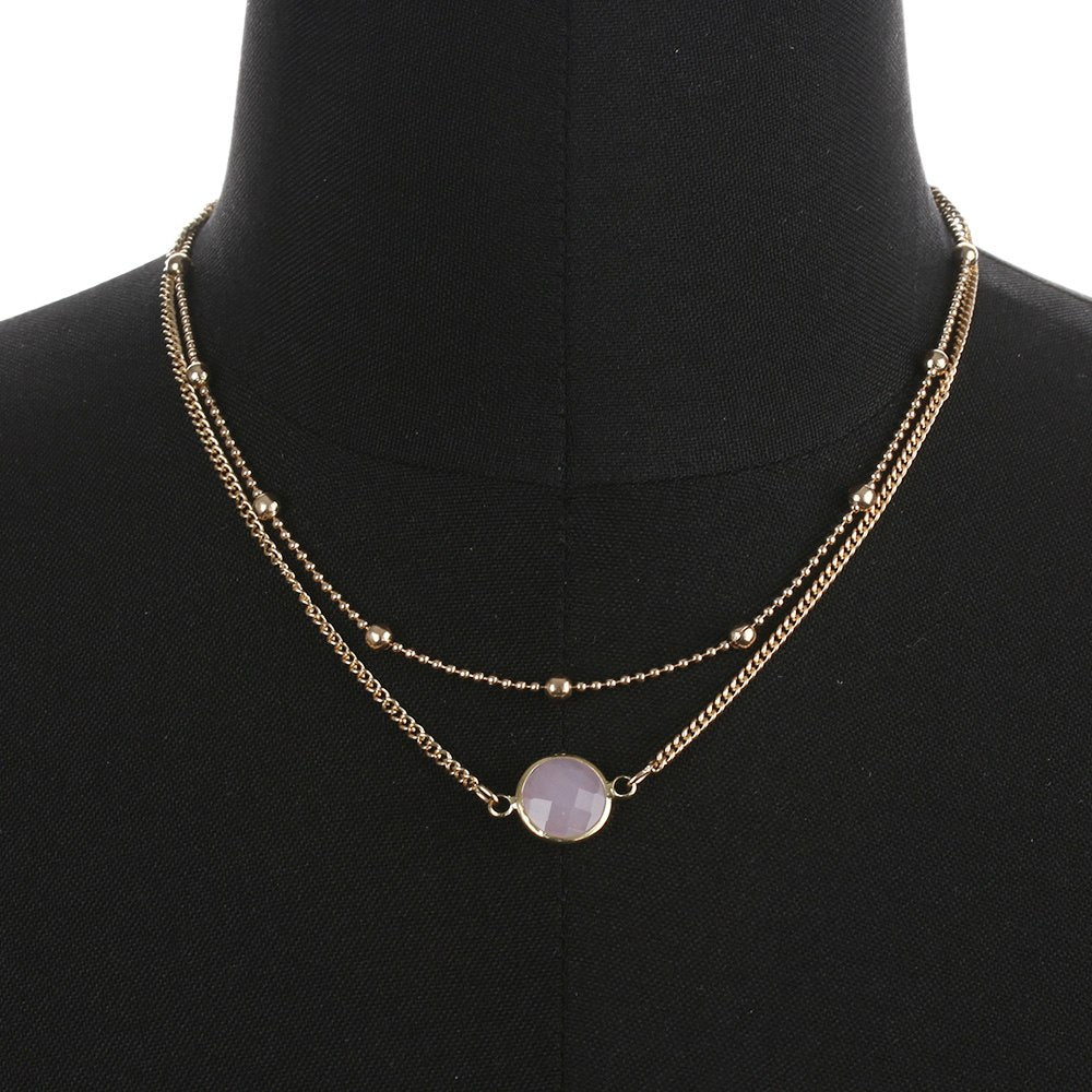 Mirage Double Layer Pink Crystal Natural Stone Pendant Choker Necklace