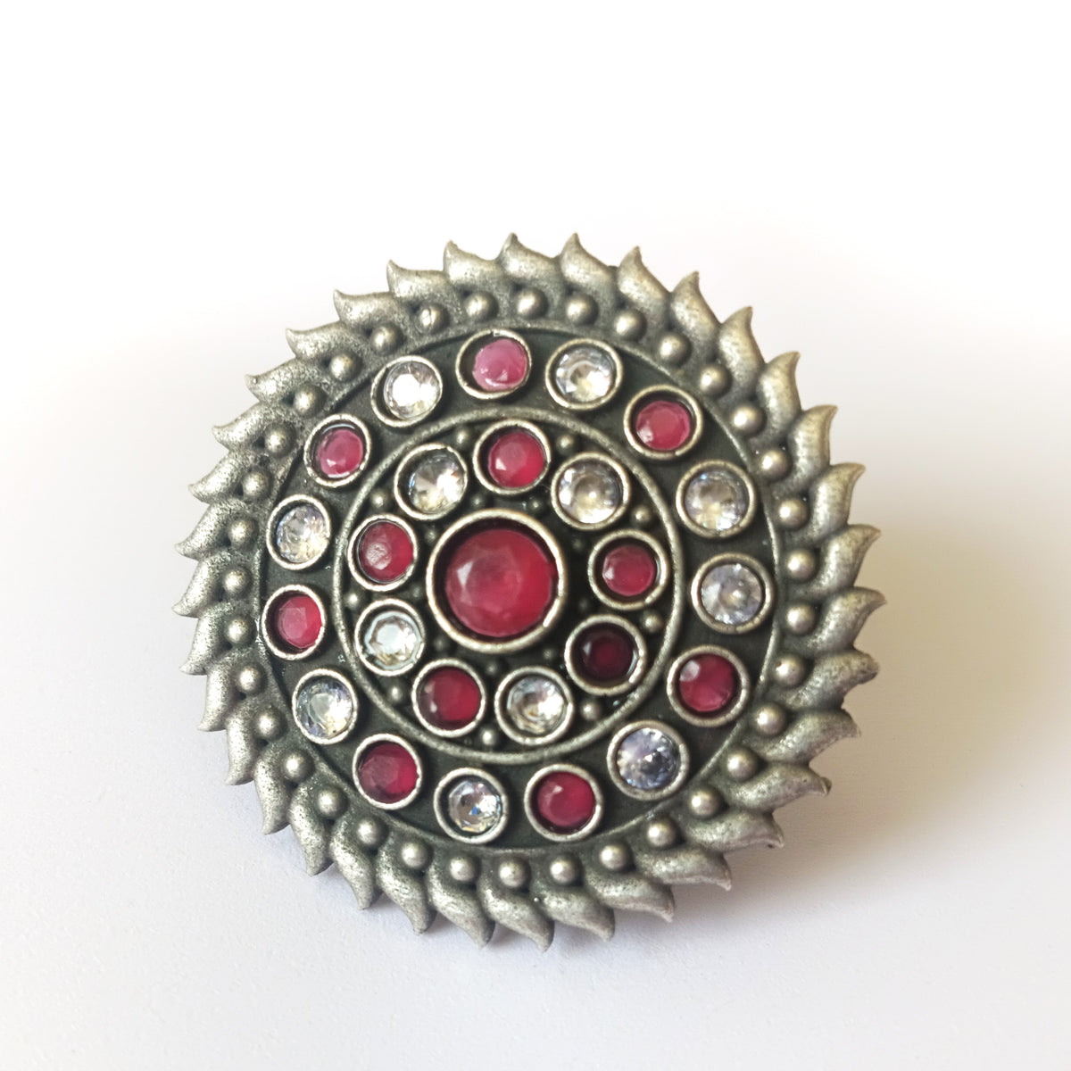 Mirage Oversized Flower Stone Studded Oxidised Silver Ethnic Pink Ring