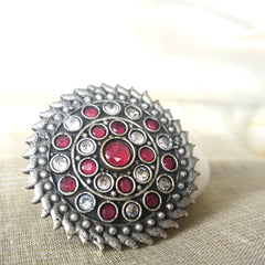 Mirage Oversized Flower Stone Studded Oxidised Silver Ethnic Pink Ring