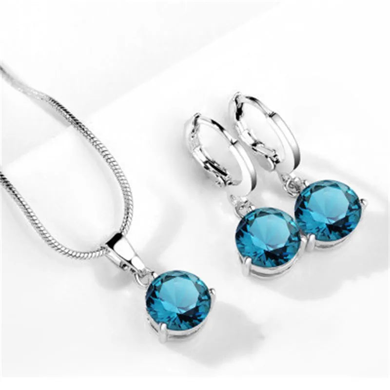 Elegant  Gemstone Jewelry Set – Silver Plated Pendant & Hoop Earrings