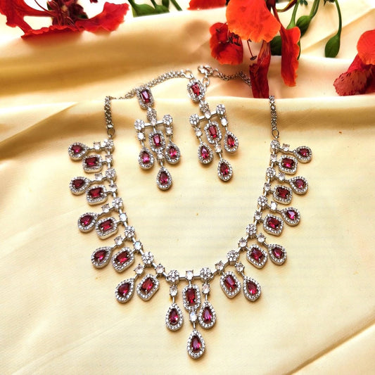 Mirage Rhodium-Plated American Diamond Studded Necklace And Earring Jewellery Set