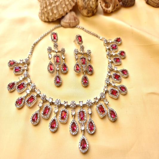 Mirage Rhodium-Plated American Diamond Studded Necklace And Earring Jewellery Set