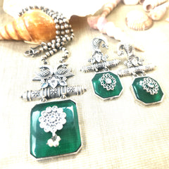 Mirage -  Ethnic Silver  Necklace Set with Green   stone Pendent and stylish long earrings