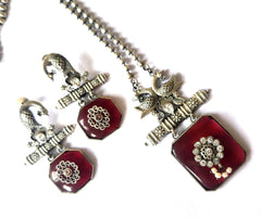 Mirage -  Ethnic Silver  Necklace Set with Red stone Pendent and stylish long earrings