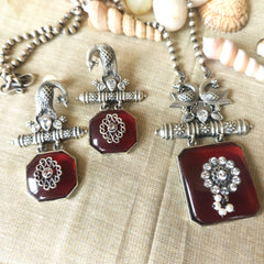 Mirage -  Ethnic Silver  Necklace Set with Red stone Pendent and stylish long earrings