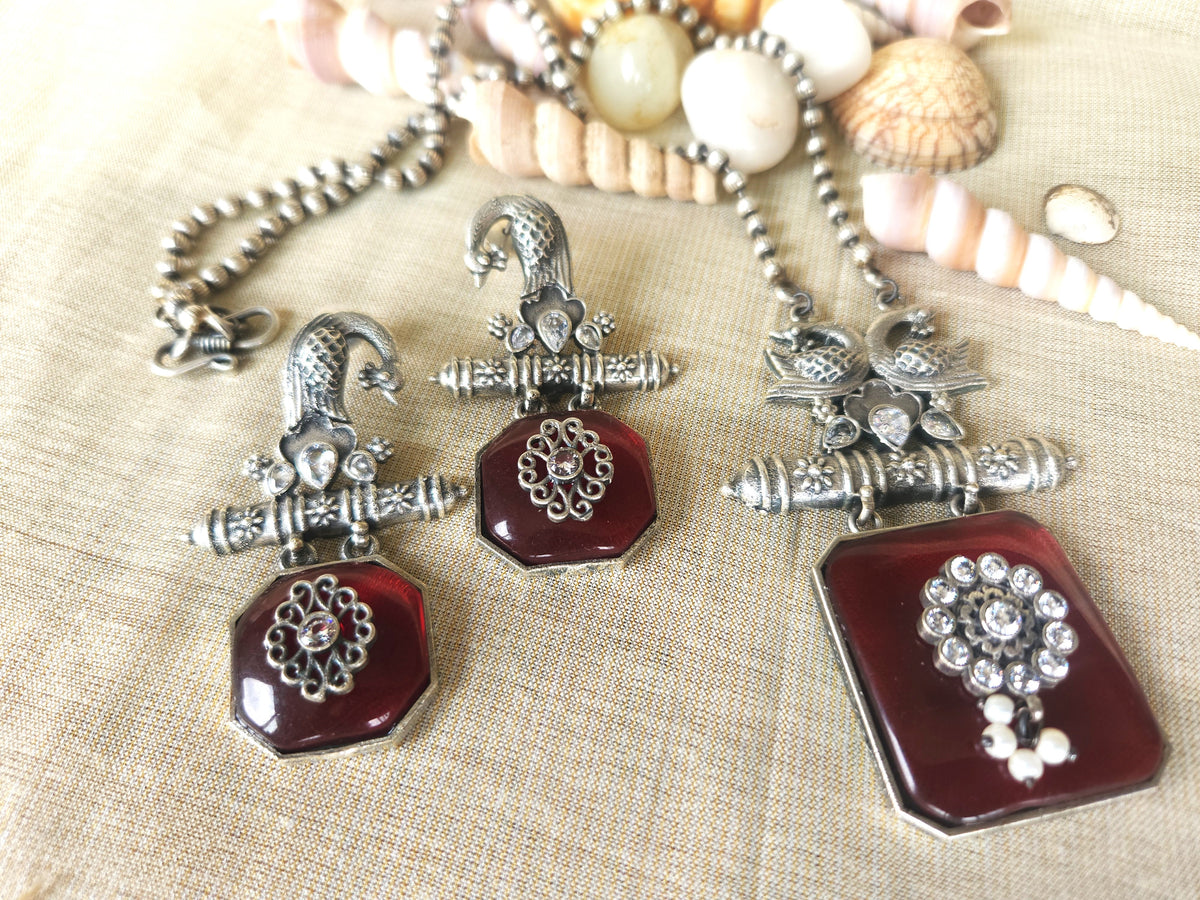 Mirage -  Ethnic Silver  Necklace Set with Red stone Pendent and stylish long earrings