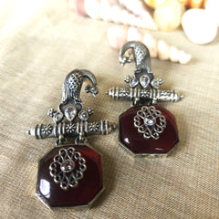 Mirage -  Ethnic Silver  Necklace Set with Red stone Pendent and stylish long earrings