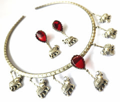 Mirage - Stylish Hasli necklace  on Red stone and hanging elephant design and a beautiful marching earrings