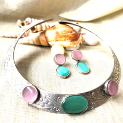 Mirage -Stylish Hasli necklace  With mint green and pink Monalisa stone design and a beautiful marching earrings