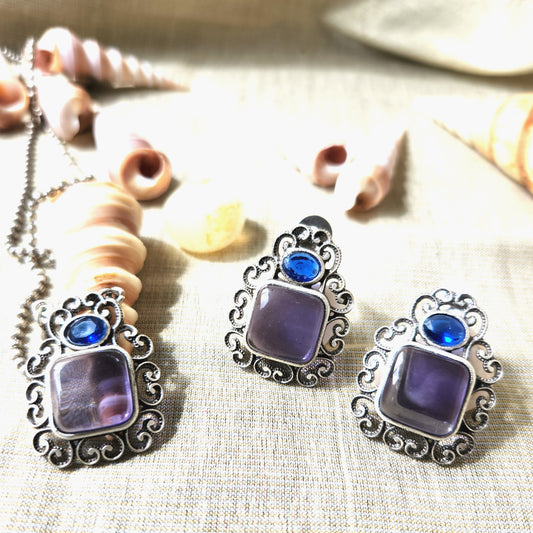 Mirage -  Beautiful Square Purple and Blue pendent  with long chain and earrings. stylish oxidize set .