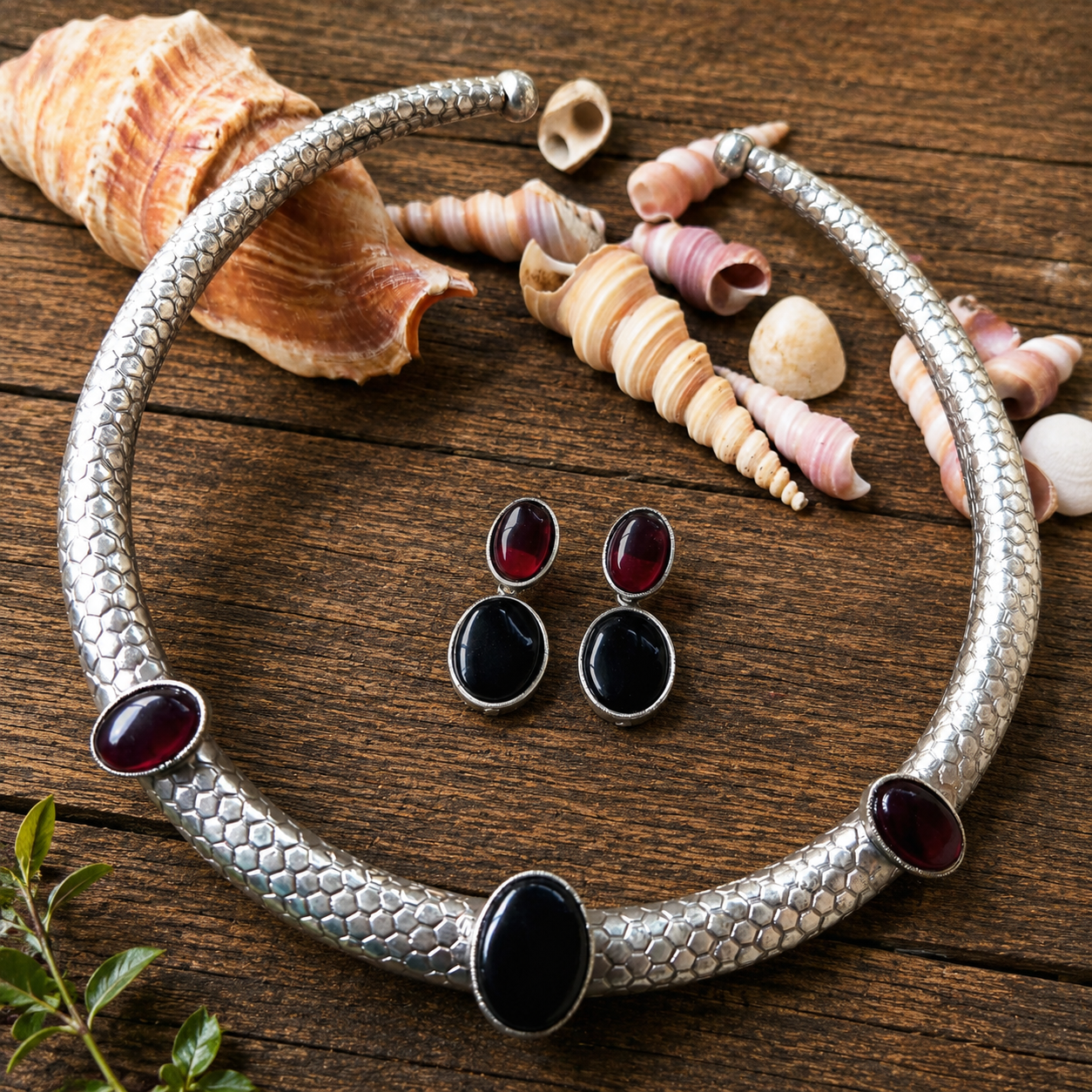 Minimal Oxidised Choker Necklace Set with Red & Black Stones  Modern Tribal Statement Jewelry for Women | Hasli 