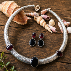 Minimal Oxidised Choker Necklace Set with Red & Black Stones  Modern Tribal Statement Jewelry for Women | Hasli 