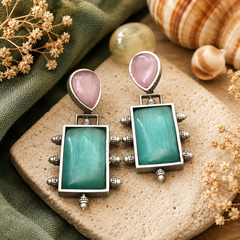 Green and pink rectangular stone statement drop earrings for women