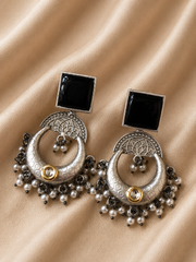 Moonlit Pearl Oxidized Chandbali Earrings – Vintage Boho Silver Crescent Drop Earrings with Pearl Tassels | Statement Ethnic Jewelry for Women | The Mirage Fashion