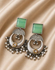 Moonlit Pearl Oxidized Chandbali Earrings – Vintage Boho Silver Crescent Drop Earrings with Pearl Tassels | Statement Ethnic Jewelry for Women | The Mirage Fashion