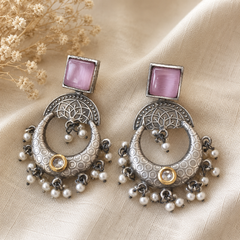 Moonlit Pearl Oxidized Chandbali Earrings – Vintage Boho Silver Crescent Drop Earrings with Pearl Tassels | Statement Ethnic Jewelry for Women | The Mirage Fashion