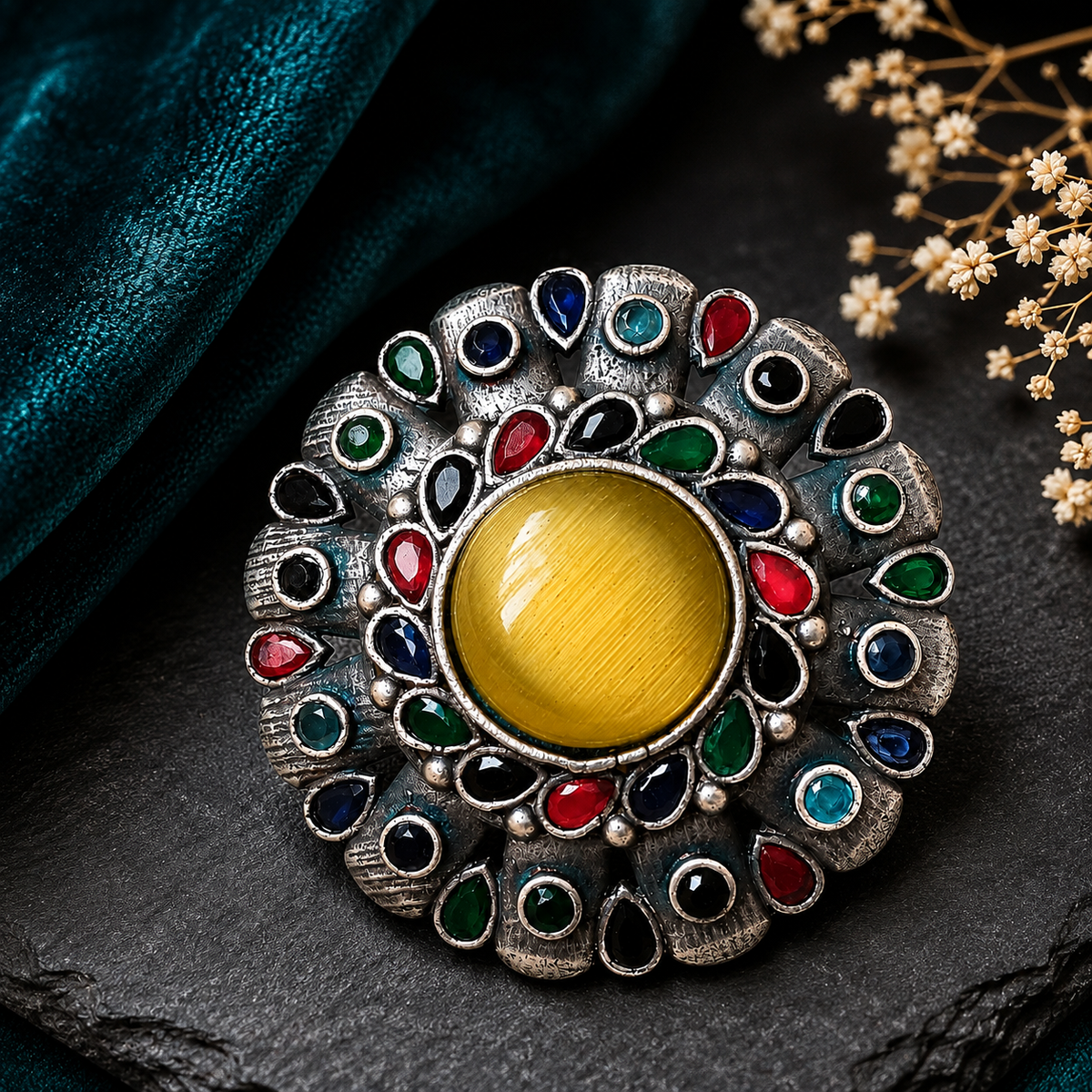 Multicolor oxidized silver statement ring with yellow cabochon and colorful stone accents