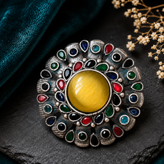 Multicolor oxidized silver statement ring with yellow cabochon and colorful stone accents