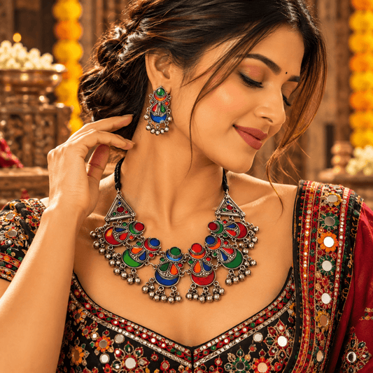 Multicolor oxidized tribal necklace set with matching earrings in red green blue and orange