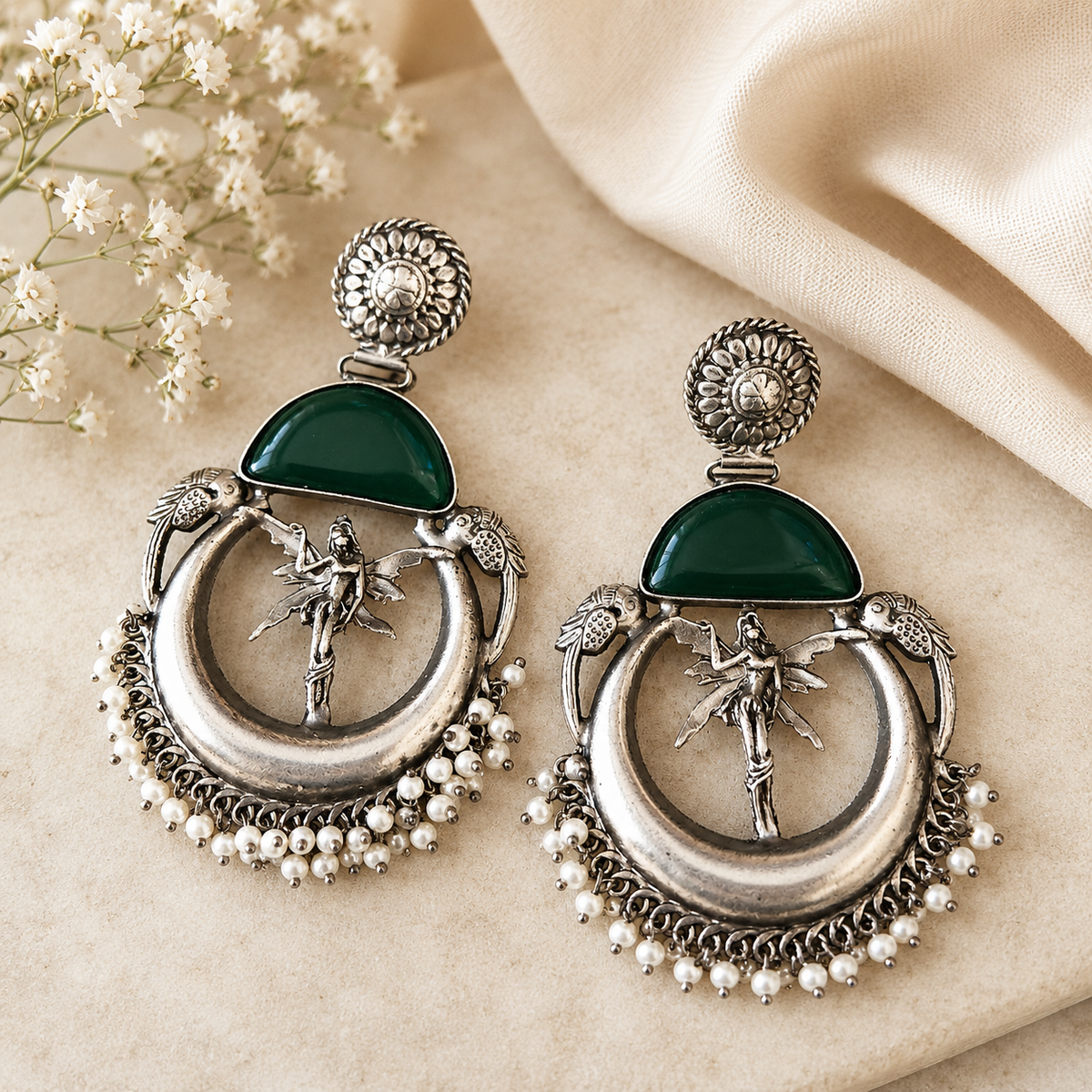 Mystic Fairy Oxidized Silver Pearl Drop Earrings – Handcrafted Statement Earrings for Women | Vintage Ethnic Jewelry | The  Mirage fashion