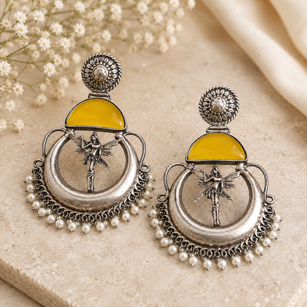 Mystic Fairy Oxidized Silver Pearl Drop Earrings – Handcrafted Statement Earrings for Women | Vintage Ethnic Jewelry | The  Mirage fashion