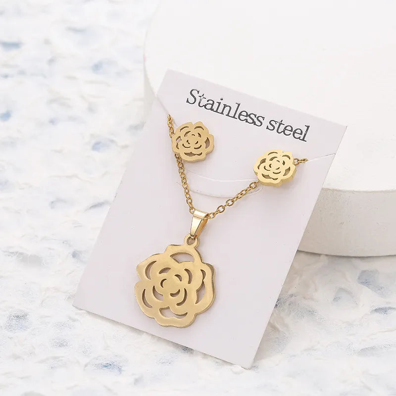 Gold Rose Pendant Necklace & Stud Earrings Set | Stainless Steel Jewellery