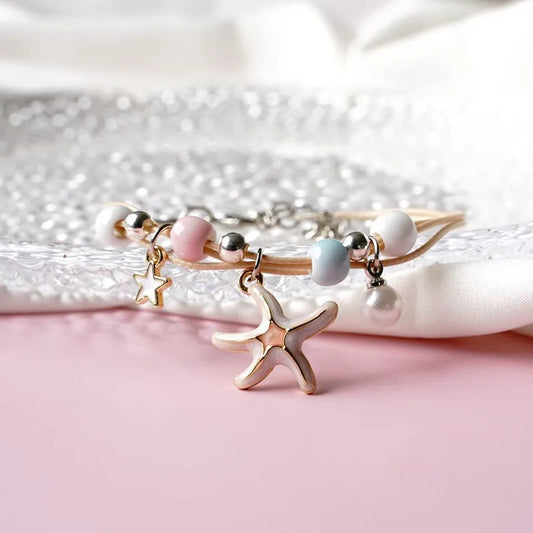 Pink  Starfish Charm Beaded Bracelet for Women | Pastel Pearl & Gold-Tone Adjustable Bracelet (Copy)