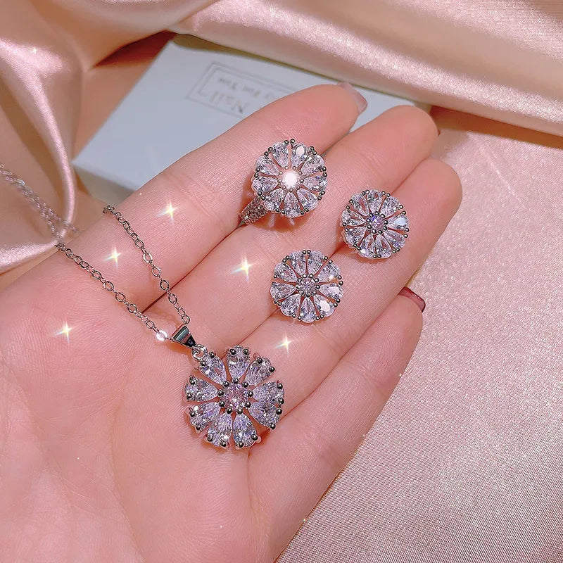 Floral Crystal Pendant Necklace & Stud Earrings Set | Rose Gold Jewellery