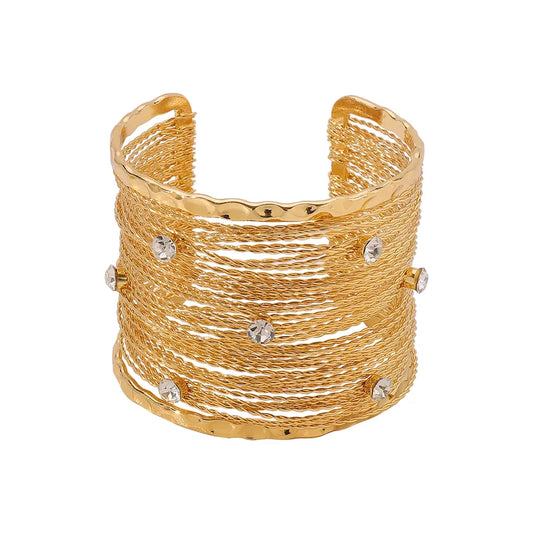 Textured Crystal Studded Wide Cuff Bracelet for Women | Gold & Silver Statement Kada