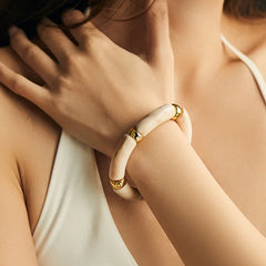 Ivory Marble Finish Kada Bracelet for Women – Elegant Resin Tube Bangle with Gold Accents