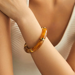 Amber Glow Resin Kada Bracelet for Women – Elegant Tube Bead Bangle with Gold Accents