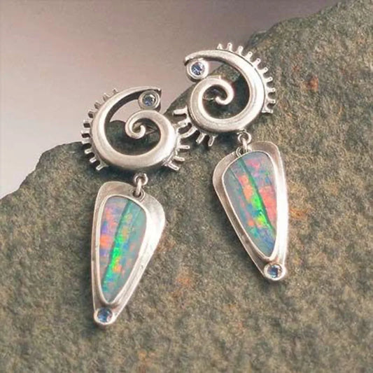 Silver Opal Drop Earrings for Women | Boho Spiral Statement Jewelry – The Mirage Fashion