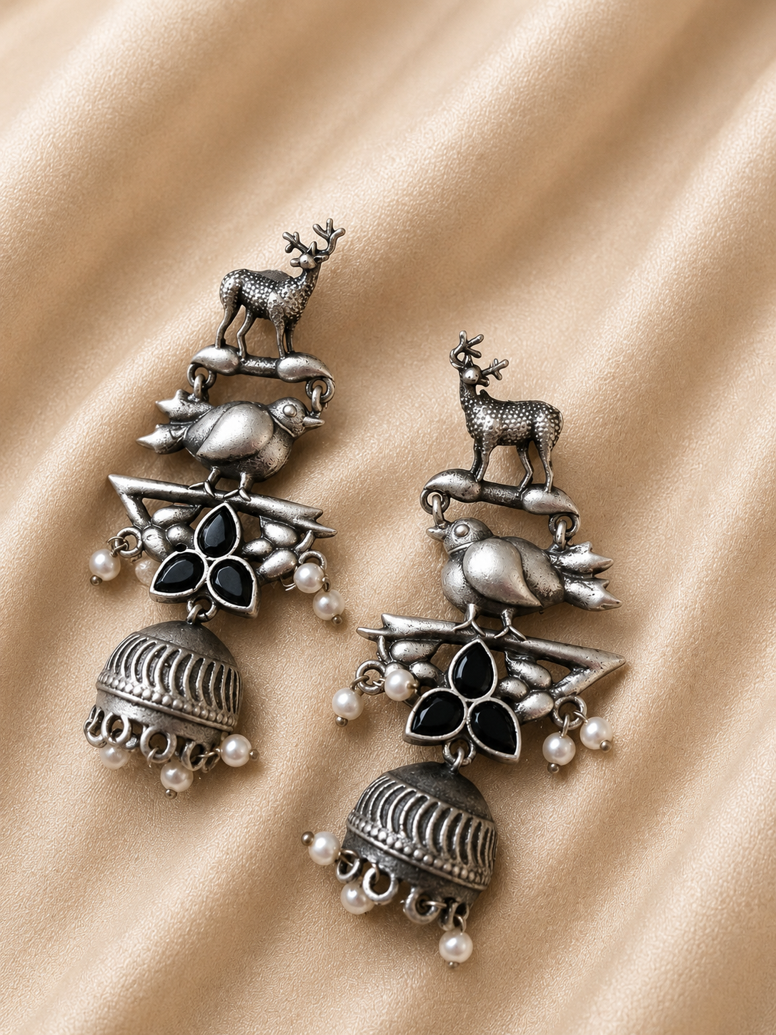 Nature-Inspired Oxidised Jhumka Earrings – Deer & Bird Motif Pearl Drop Earrings for Women | Boho Tribal Statement Jewelry | The Mirage Fashion