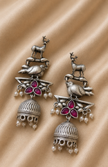 Nature-Inspired Oxidised Jhumka Earrings – Deer & Bird Motif Pearl Drop Earrings for Women | Boho Tribal Statement Jewelry | The Mirage Fashion
