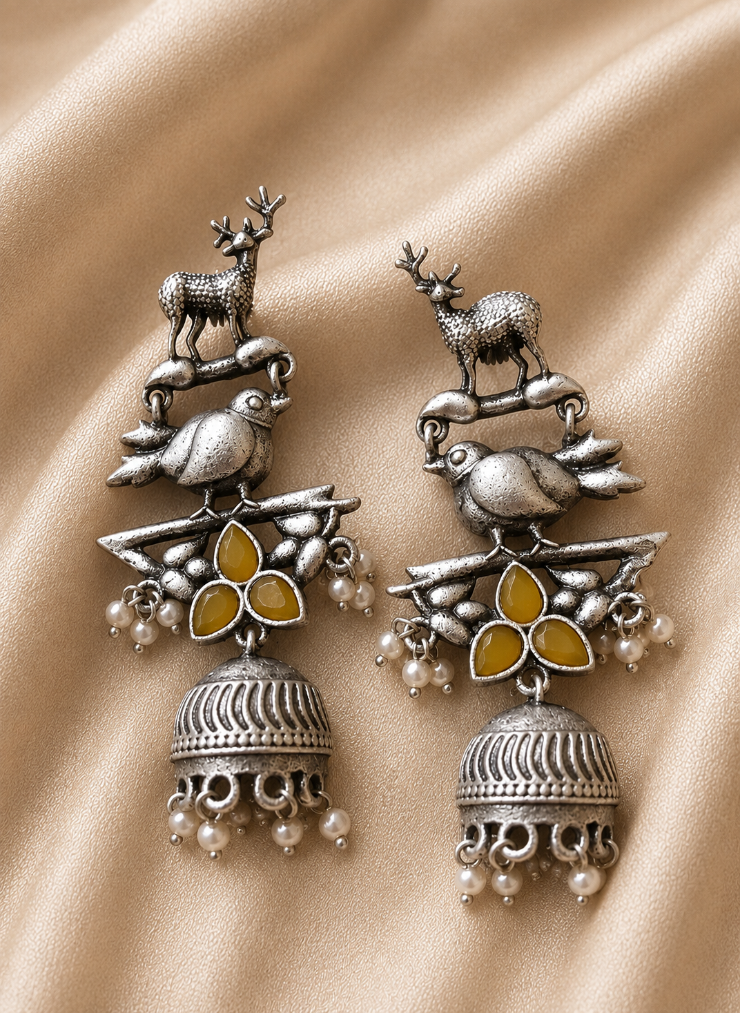 Nature-Inspired Oxidised Jhumka Earrings – Deer & Bird Motif Pearl Drop Earrings for Women | Boho Tribal Statement Jewelry | The Mirage Fashion