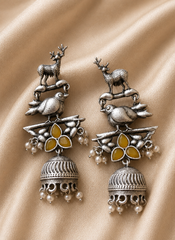 Nature-Inspired Oxidised Jhumka Earrings – Deer & Bird Motif Pearl Drop Earrings for Women | Boho Tribal Statement Jewelry | The Mirage Fashion