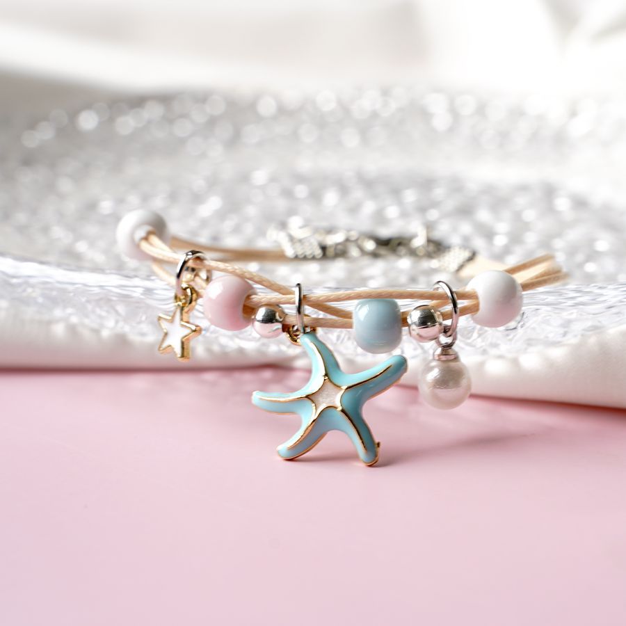 Blue  Starfish Charm Beaded Bracelet for Women | Pastel Pearl & Gold-Tone Adjustable Bracelet